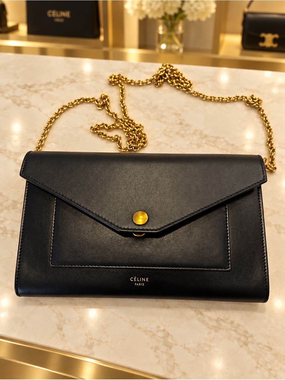 Celine Pocket Envelope Wallet on Chain Black Calfskin Gold Hardware